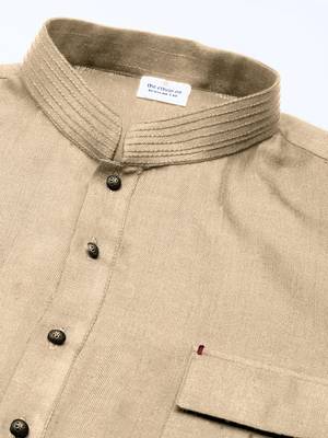 Beige cotton pathani kurta pajama with patch pocket 2