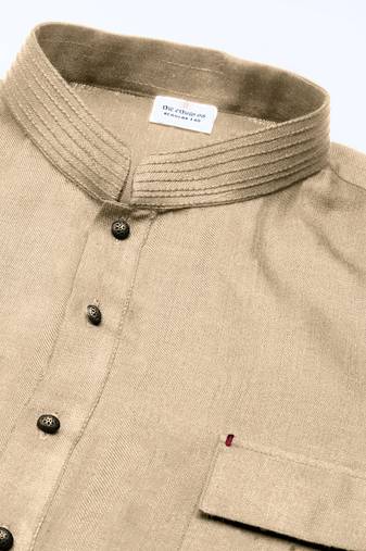 Beige cotton pathani kurta pajama with patch pocket