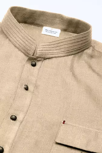 Beige cotton pathani kurta pajama with patch pocket