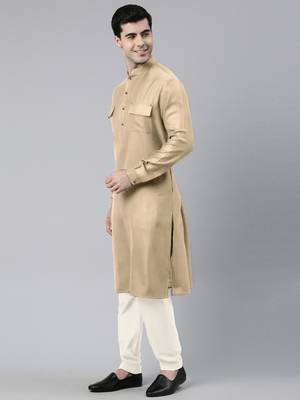 Beige cotton pathani kurta pajama with patch pocket 3