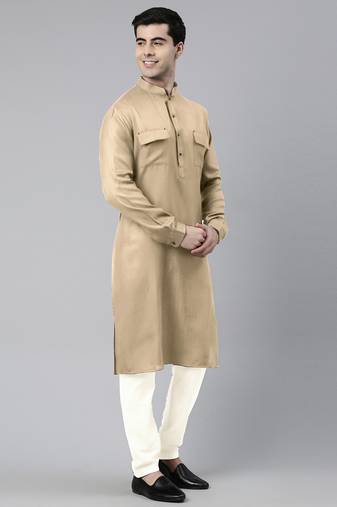 Beige cotton pathani kurta pajama with patch pocket