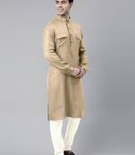 Beige cotton pathani kurta pajama with patch pocket