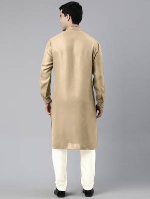 Beige cotton pathani kurta pajama with patch pocket 4