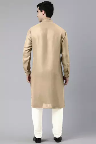 Beige cotton pathani kurta pajama with patch pocket