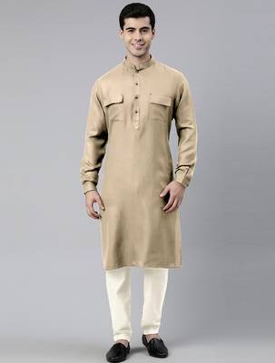 Beige cotton pathani kurta pajama with patch pocket 5
