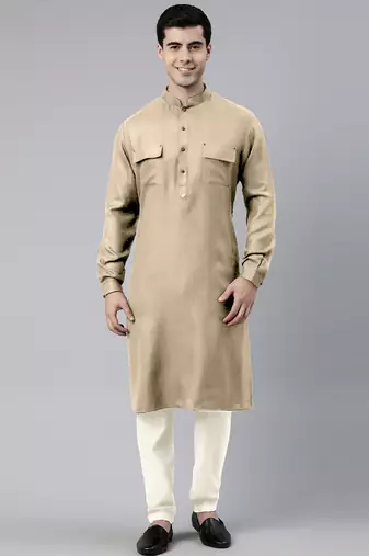 Beige cotton pathani kurta pajama with patch pocket