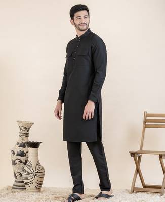 Black cotton pathani kurta pajama with patch pocket 3