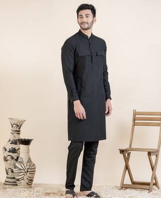 Black cotton pathani kurta pajama with patch pocket 4