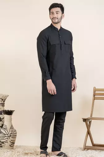 Black cotton pathani kurta pajama with patch pocket