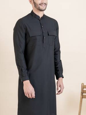 Black cotton pathani kurta pajama with patch pocket 5