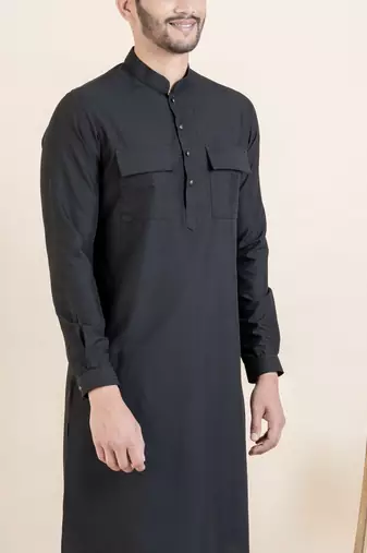 Black cotton pathani kurta pajama with patch pocket