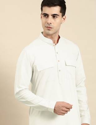 Cream cotton pathani kurta pajama with patch pocket 1