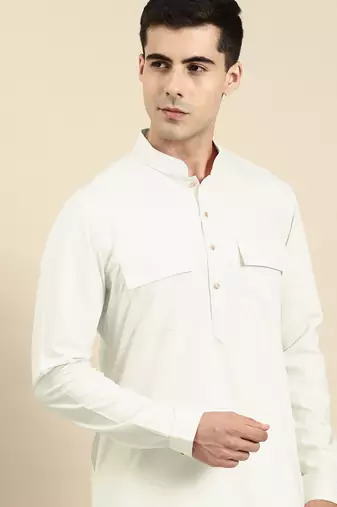 Cream cotton pathani kurta pajama with patch pocket