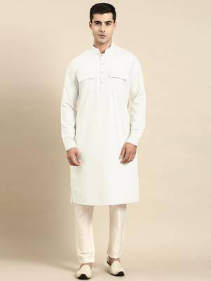 Cream cotton pathani kurta pajama with patch pocket 2