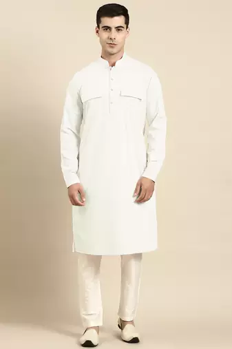 Cream cotton pathani kurta pajama with patch pocket