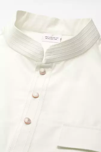 Cream cotton pathani kurta pajama with patch pocket
