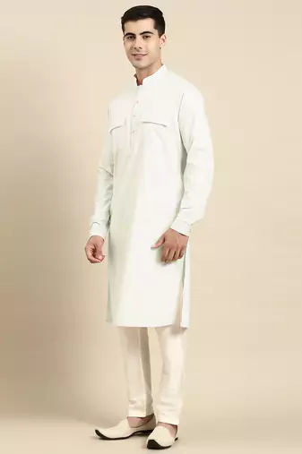 Cream cotton pathani kurta pajama with patch pocket