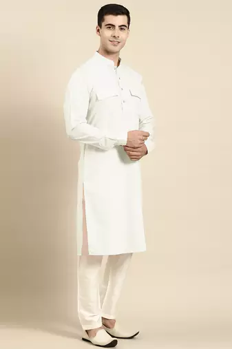 Cream cotton pathani kurta pajama with patch pocket