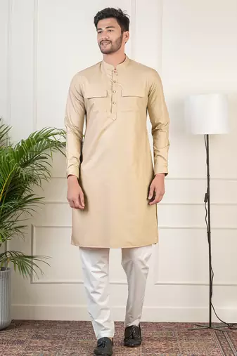 Beige cotton pathani kurta pajama with patch pocket