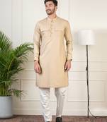 Beige cotton pathani kurta pajama with patch pocket