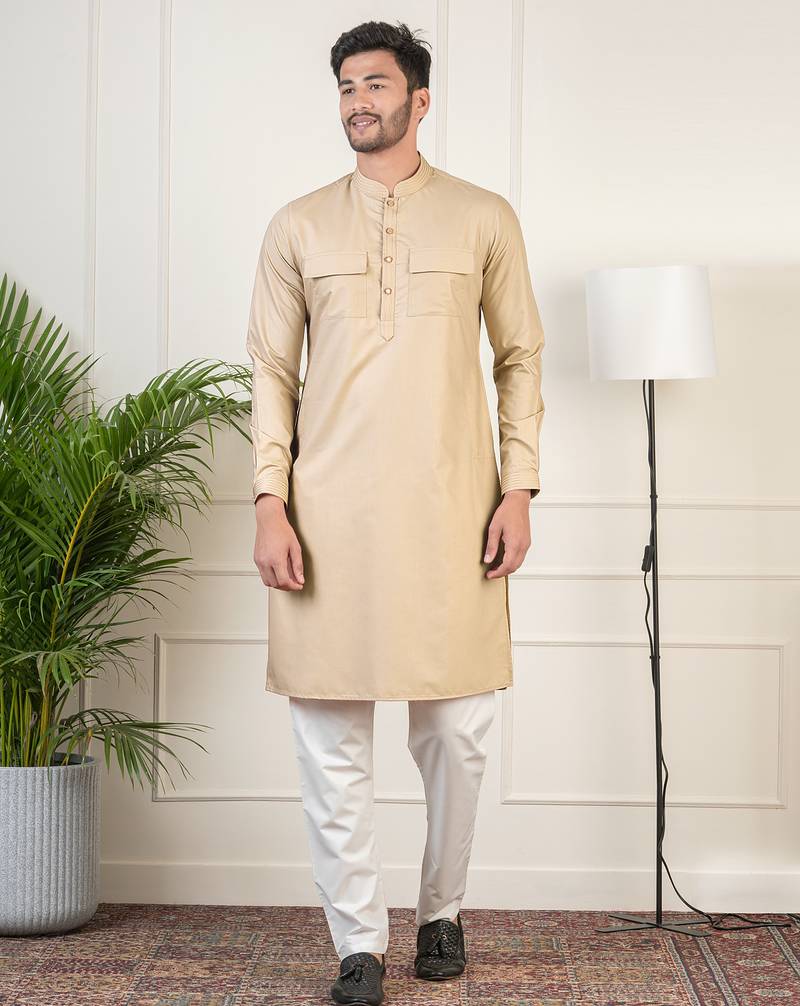 Beige cotton pathani kurta pajama with patch pocket