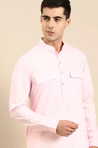 Light pink cotton pathani kurta pajama with patch pocket
