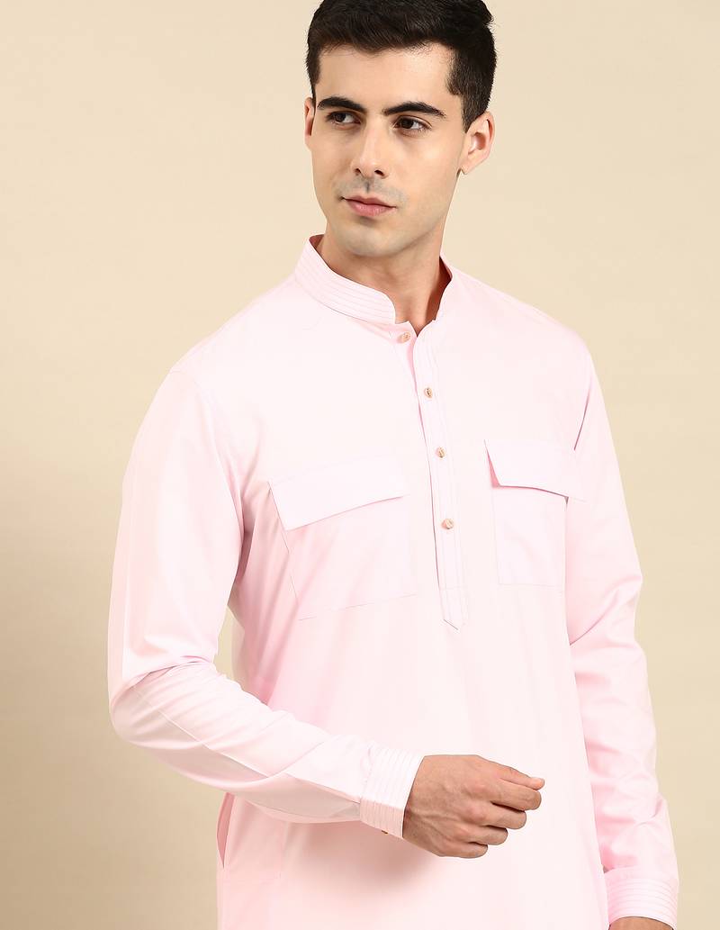 Light pink cotton pathani kurta pajama with patch pocket