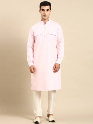 Light pink cotton pathani kurta pajama with patch pocket 2