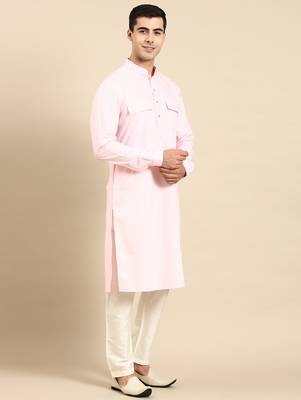 Light pink cotton pathani kurta pajama with patch pocket 5