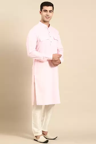 Light pink cotton pathani kurta pajama with patch pocket