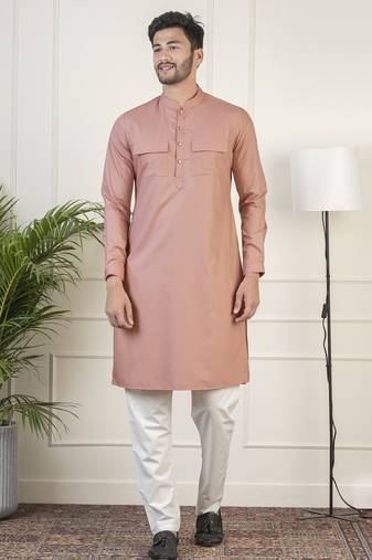 Dark pink cotton pathani kurta pajama with patch pocket
