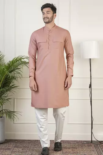 Dark pink cotton pathani kurta pajama with patch pocket