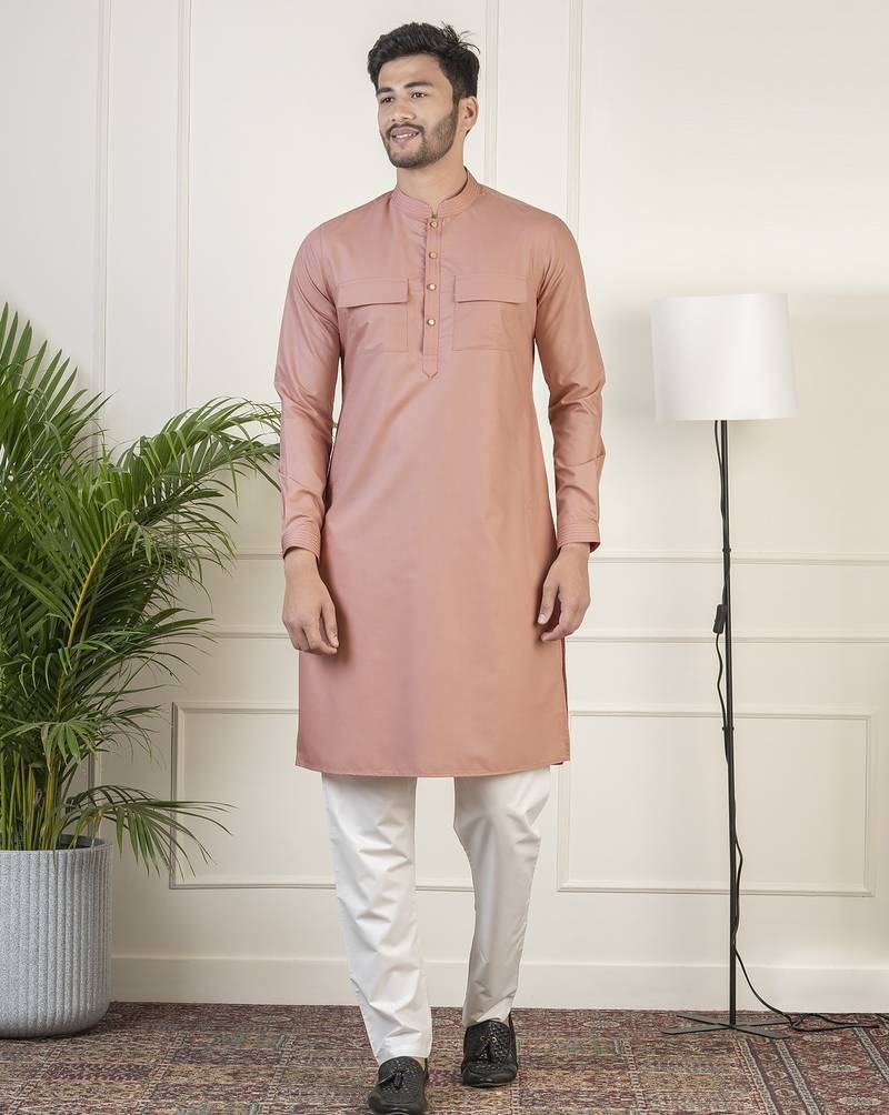 Dark pink cotton pathani kurta pajama with patch pocket