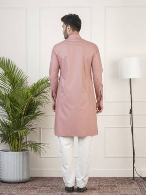 Dark pink cotton pathani kurta pajama with patch pocket 2