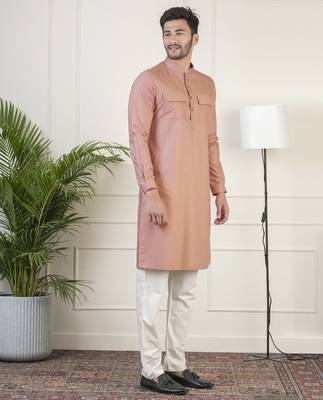 Dark pink cotton pathani kurta pajama with patch pocket 3