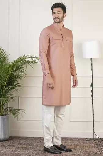 Dark pink cotton pathani kurta pajama with patch pocket