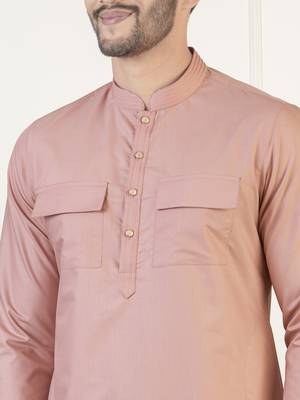 Dark pink cotton pathani kurta pajama with patch pocket 4