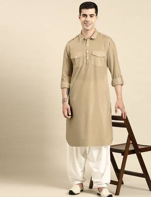 Beige fine cotton pathani with salwar 4