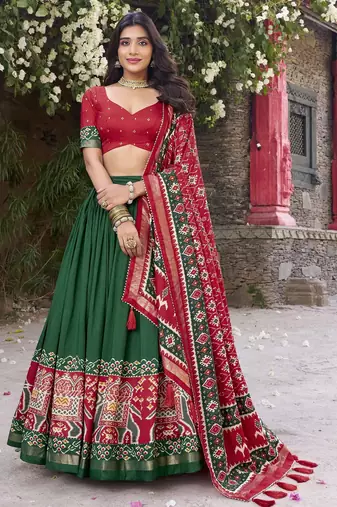 green tussar Silk Lehenga Choli with Patola Print & Foil Shine