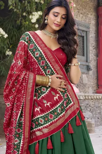green tussar Silk Lehenga Choli with Patola Print & Foil Shine