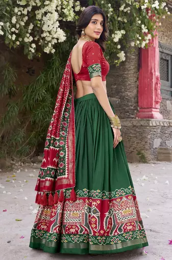 green tussar Silk Lehenga Choli with Patola Print & Foil Shine