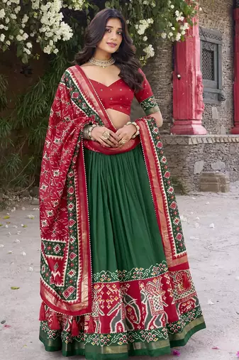 green tussar Silk Lehenga Choli with Patola Print & Foil Shine