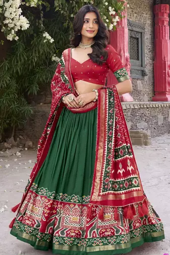 green tussar Silk Lehenga Choli with Patola Print & Foil Shine