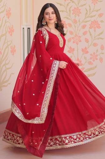 Maroon faux georgette with embroidery zari sequins with heavy dupatta