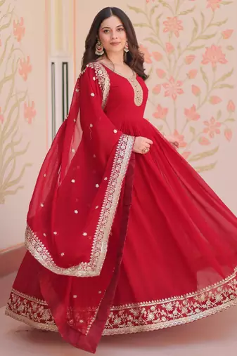Maroon faux georgette with embroidery zari sequins with heavy dupatta