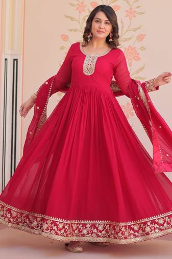 Pink faux georgette with embroidery zari sequins with heavy dupatta
