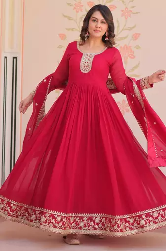 Pink faux georgette with embroidery zari sequins with heavy dupatta