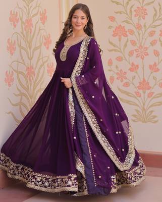 Purple faux georgette with embroidery zari sequins with heavy dupatta 1