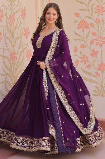 Purple faux georgette with embroidery zari sequins with heavy dupatta