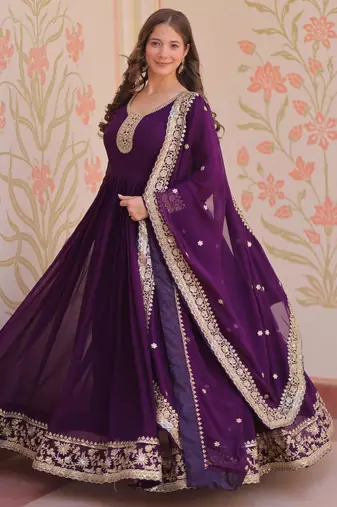 Purple faux georgette with embroidery zari sequins with heavy dupatta